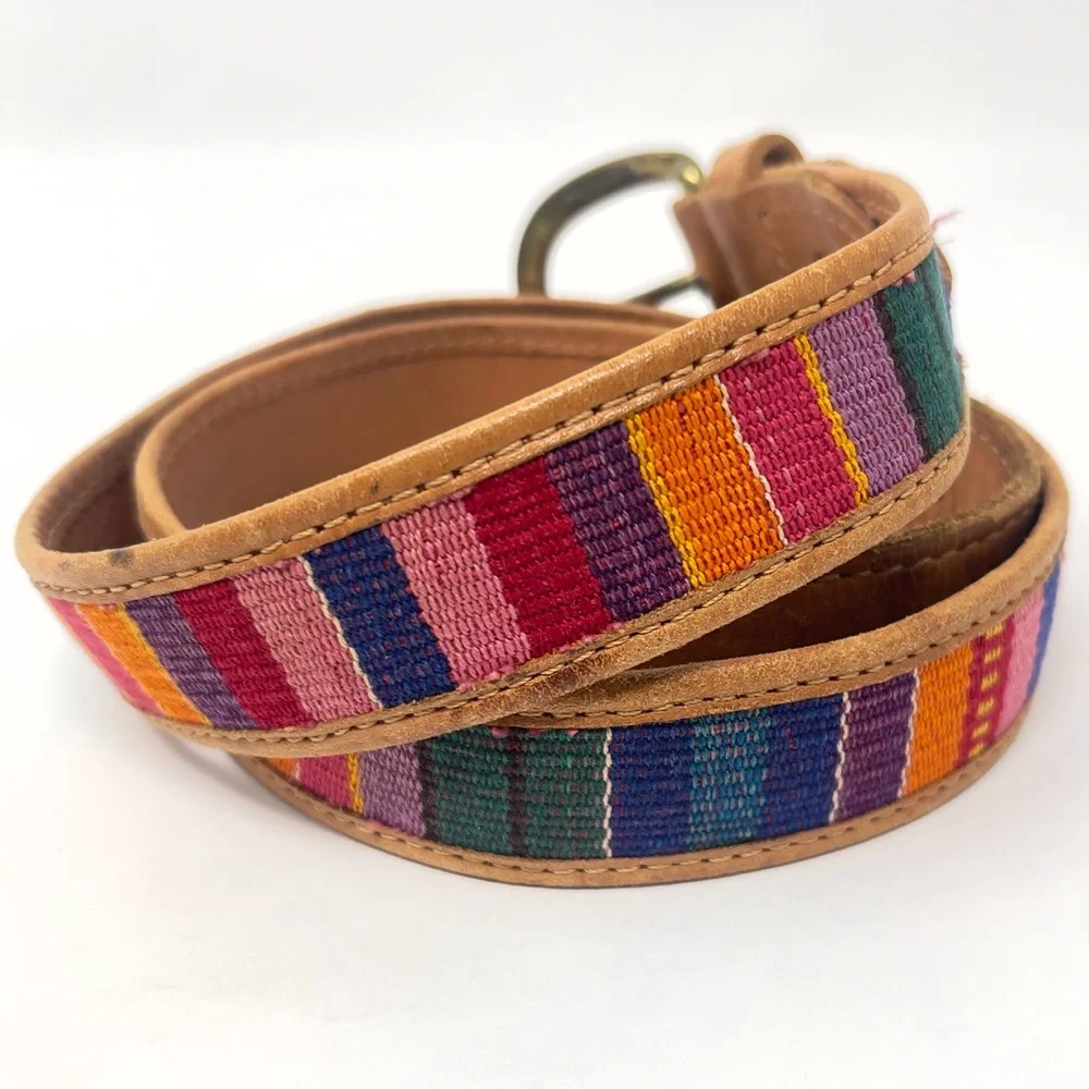 Vintage Guatemalan Leather Belt, Colorful‎ Woven Stripe, Brass Buckle Boho